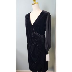 Harper Rose Black Velvet Faux Wrap Sheer Sleeve Cocktail Dress Size 12